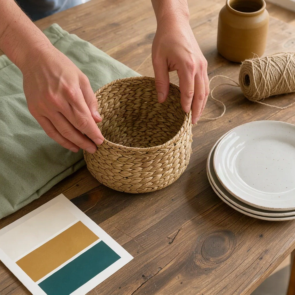 Sélection d'objets de mise en scène sur une table en chêne, panier en fibre, linge plié et carte de couleurs