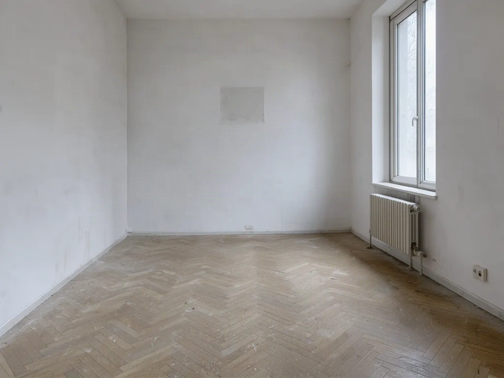 Pièce vide avant intervention, murs nus et traces de fixation