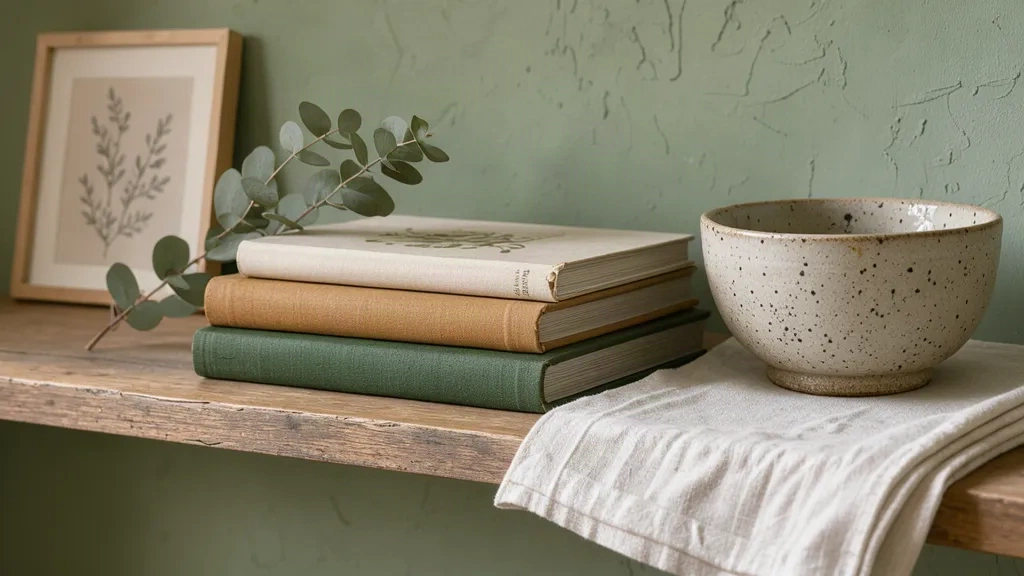 Étagère stylée avec livres, bol en grès et linge plié