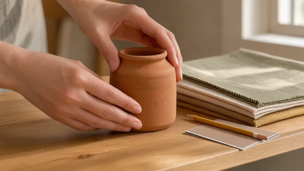Mains d'une styliste posant un vase de terre cuite sur une étagère de chêne