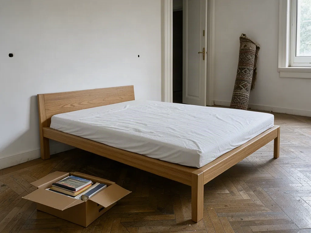Chambre vidée de ses effets personnels, matelas nu, carton de livres et tapis roulé