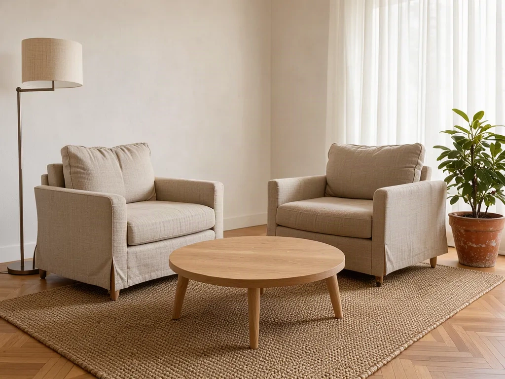 Séjour mis en scène avec deux fauteuils en lin et une table basse en chêne
