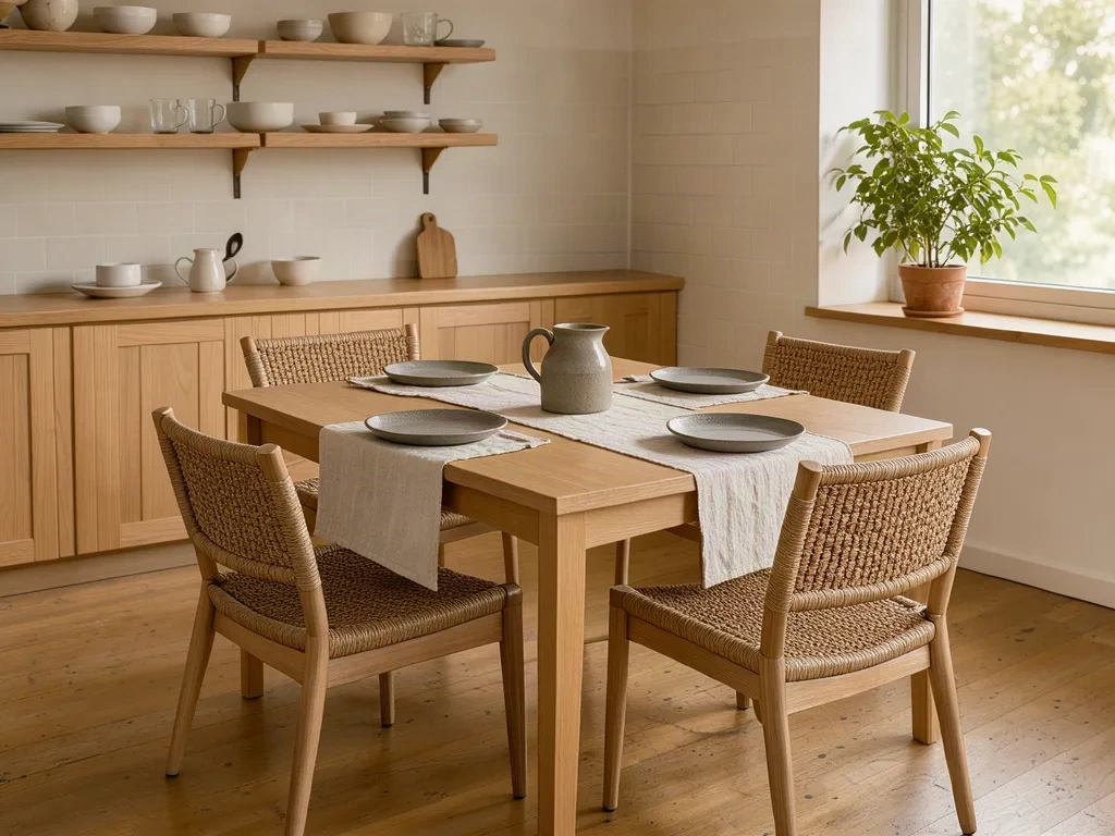 Cuisine préparée pour une location meublée, table en chêne et étagères ouvertes